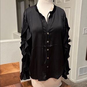 Easel Black Button-Up Blouse with Ruffle Sleeves